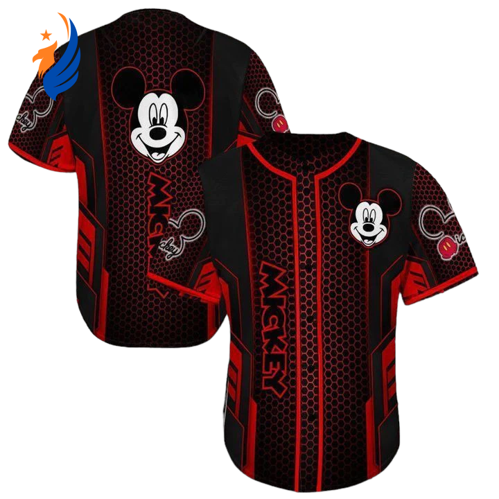 Disney Mickey Mouse Head Graphic Black Red Baseball Jersey - Engaging Mickey Jersey for Disney Fans - Bafud