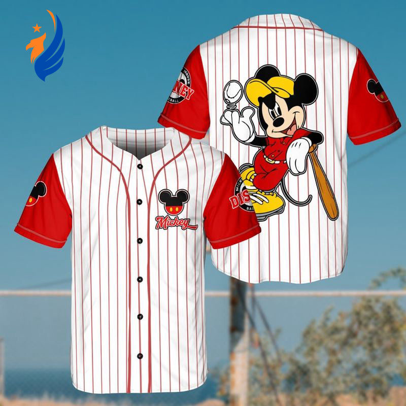 Disney Mickey Mouse 3D Pinstripe Baseball Jersey: All Over Print Cartoon Graphics - Bafud