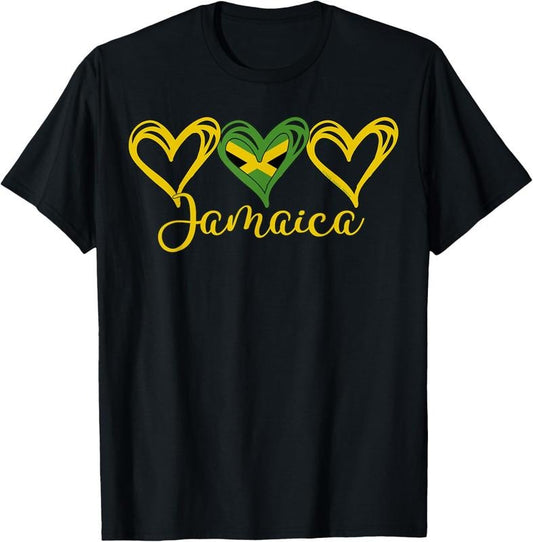100% Cotton Jamaican Love Jamaican Flag Three Hearts Jamaica T-Shirt