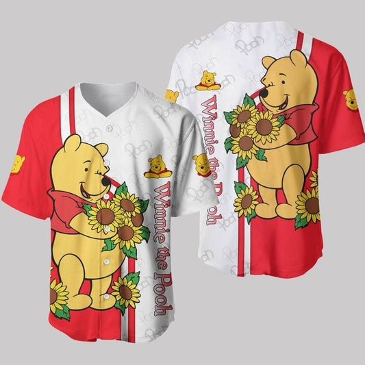 Winnie The Pooh Red White Stripes Disney Unisex Cartoon Graphics Casual Outfits Custom Baseball Jersey BJ1784 - Bafud