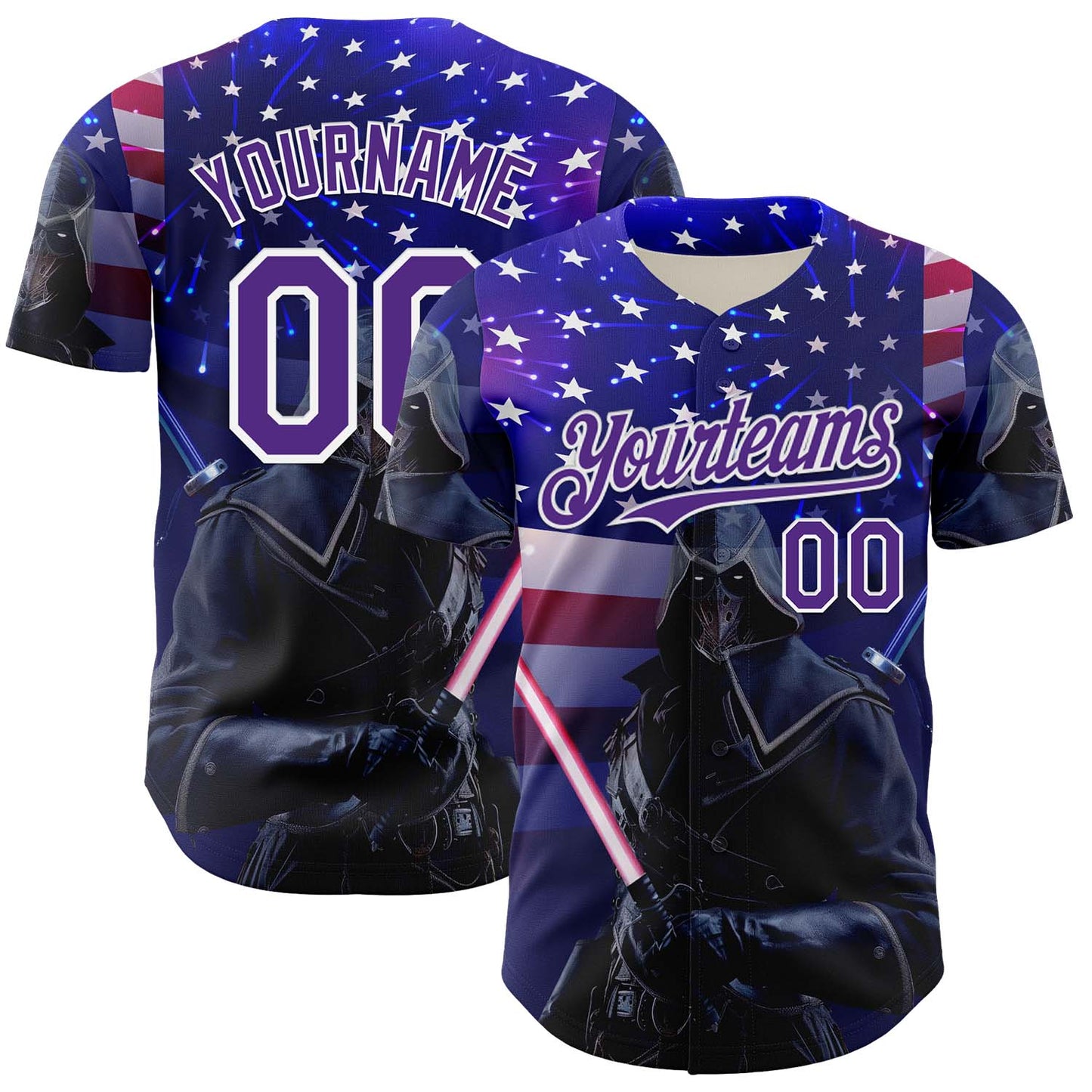Custom Blue Purple-White 3D Pattern Design Outer Space Light Swords American Flag Authentic Baseball Jersey