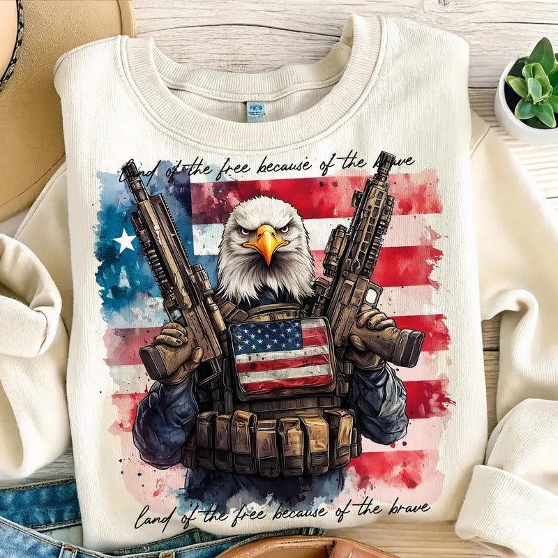 America Land Of The Free Because Of The Brave Crewneck Sweatshirt, 4th of July Patriotic Tee, Independence Day Gift, American Flag Eagle Tee