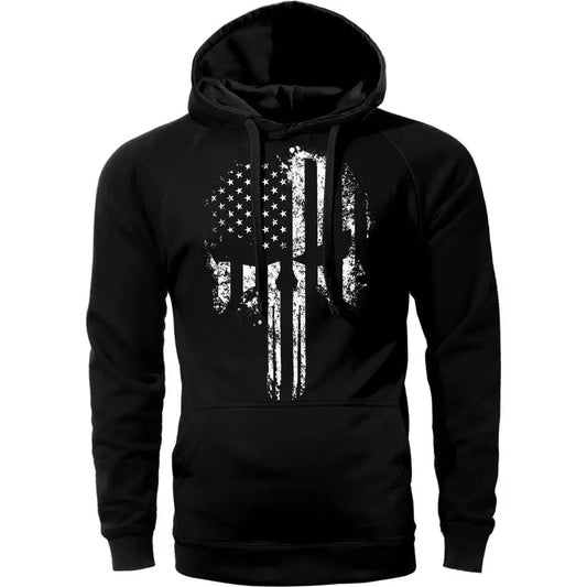 American Flag Skull Hoodie Sweatshirt - Black Cotton with Hood, Front Pocket, and Skull Print Design