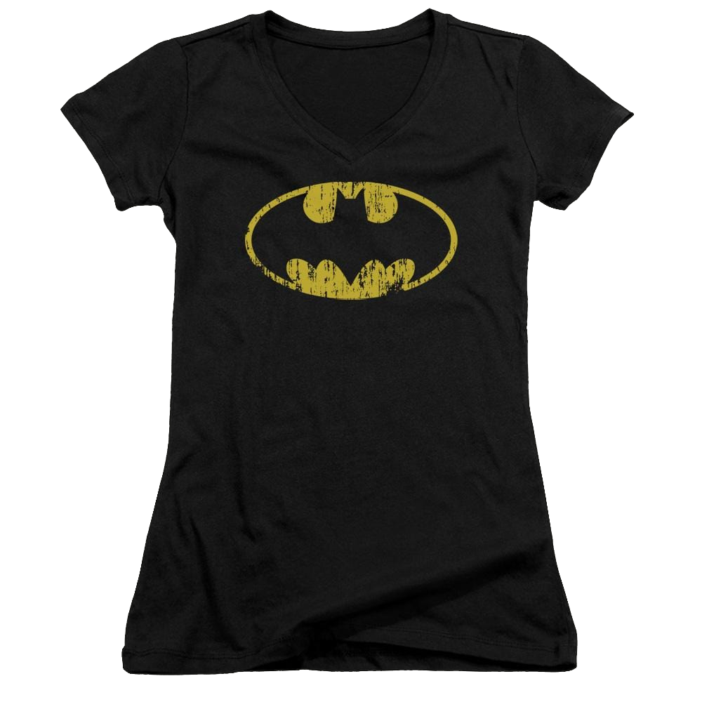 Batman Classic Logo Distressed - Juniors V-Neck T-Shirt