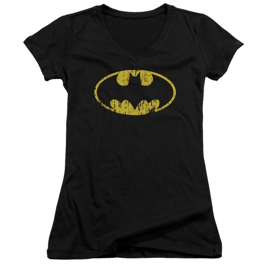 Batman Classic Logo Distressed - Juniors V-Neck T-Shirt
