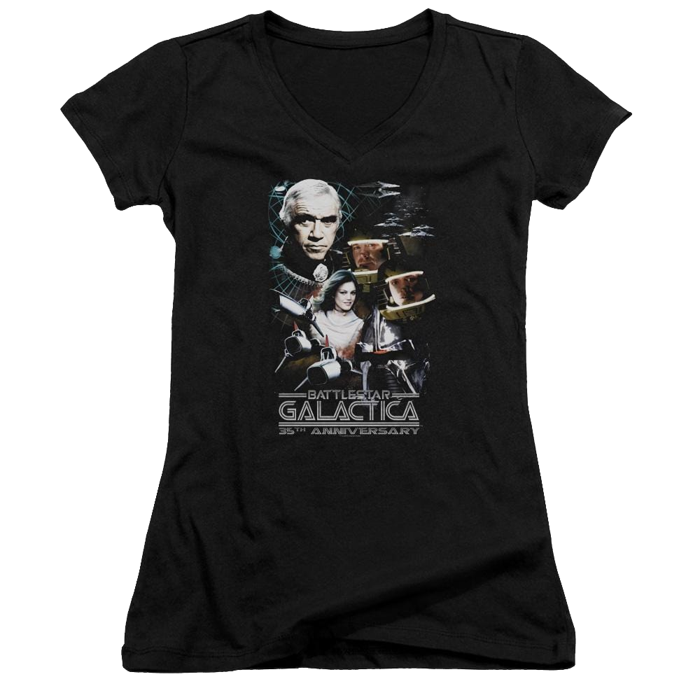 Battlestar Galactica 35th Anniversary Collage - Juniors V-Neck T-Shirt