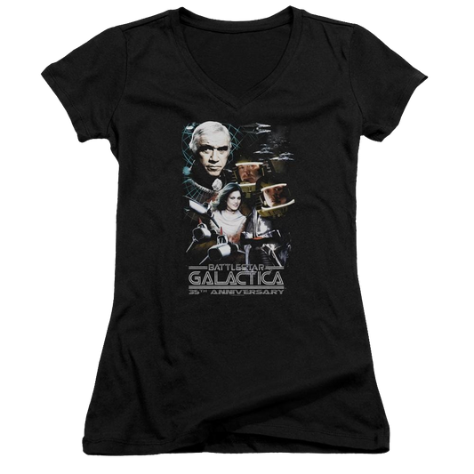 Battlestar Galactica 35th Anniversary Collage - Juniors V-Neck T-Shirt