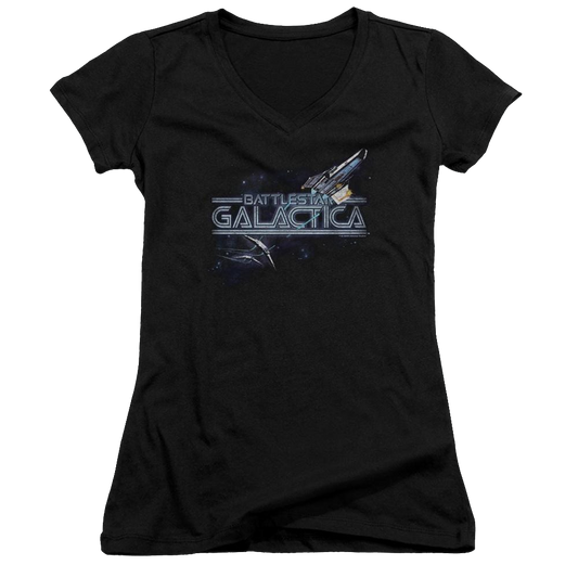 Battlestar Galactica Cylon Persuit - Juniors V-Neck T-Shirt