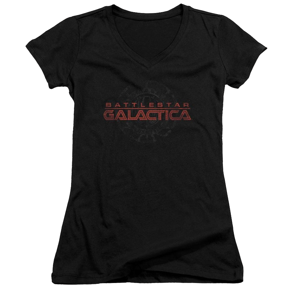 Battlestar Galactica Battered Logo - Juniors V-Neck T-Shirt