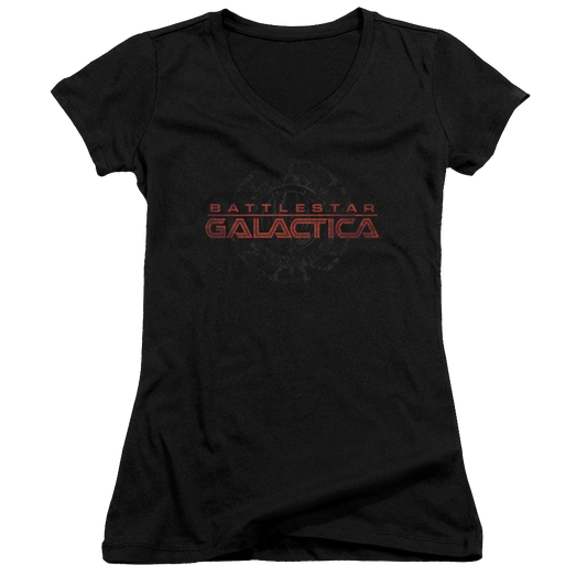 Battlestar Galactica Battered Logo - Juniors V-Neck T-Shirt