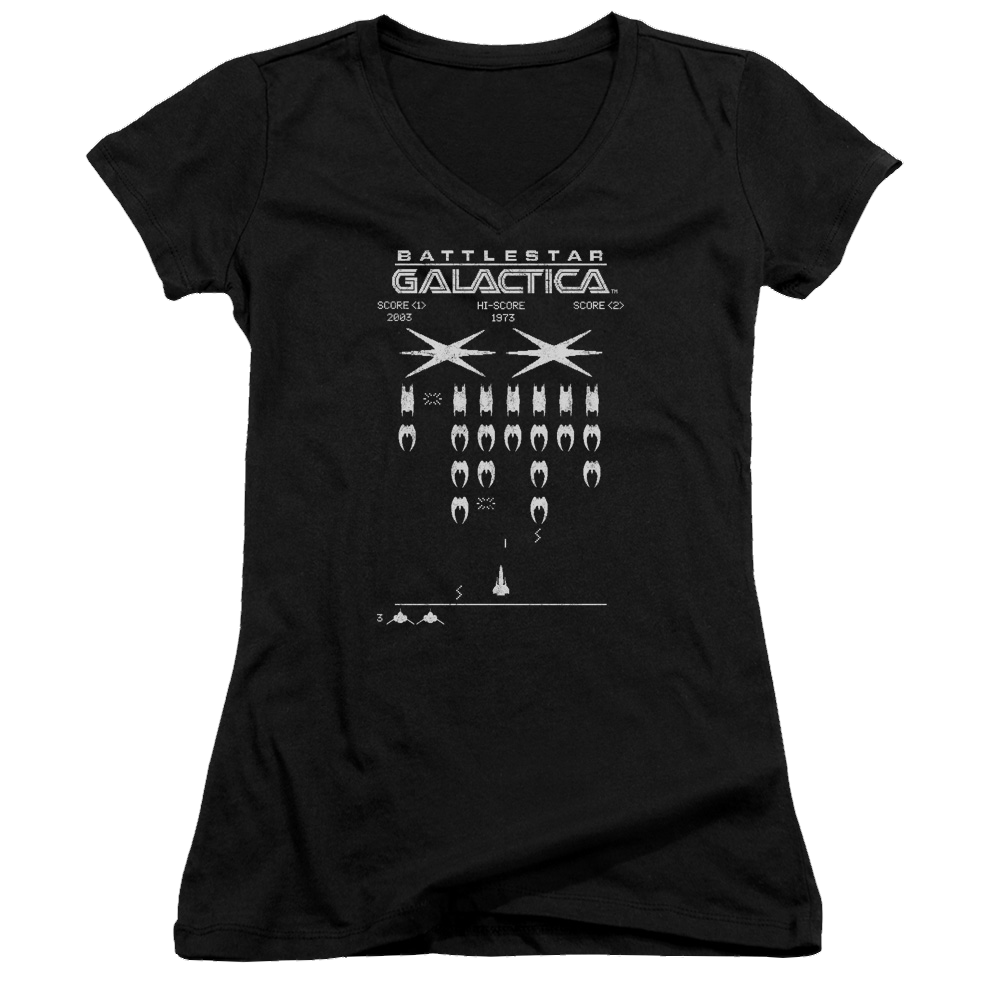 Battlestar Galactica Galactic Invaders - Juniors V-Neck T-Shirt