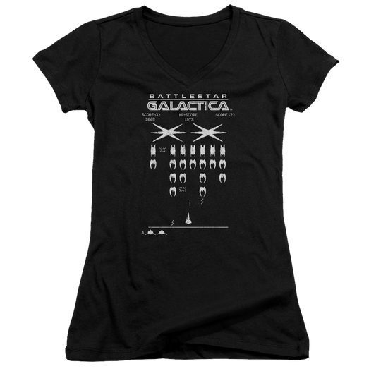 Battlestar Galactica Galactic Invaders - Juniors V-Neck T-Shirt