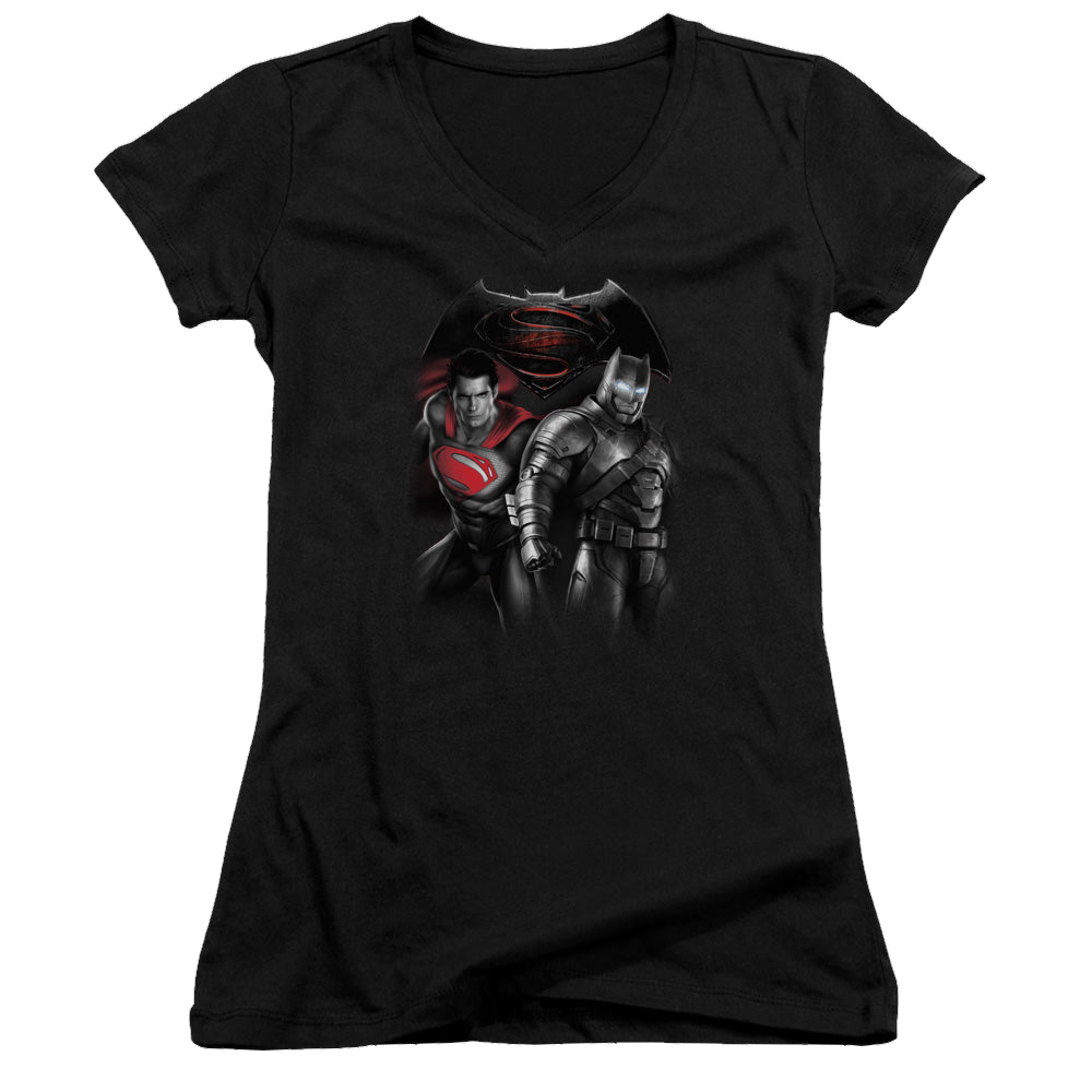 Batman v Superman Stand Off - Juniors V-Neck T-Shirt