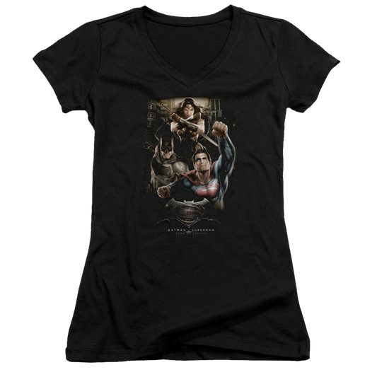 Batman v Superman Three In Action - Juniors V-Neck T-Shirt