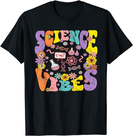 Back To School Shirts, Science Vibes Retro 1st Day of Back To School Groovy Teacher T-Shirt Cotton Fashion Casual Classic