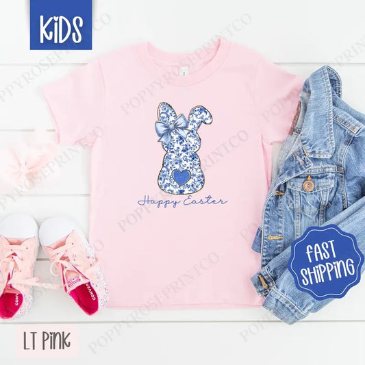 Blue Chinoiserie Bunny Kids Shirt - Easter Children's Tshirt - Cute Youth Tee Gildan