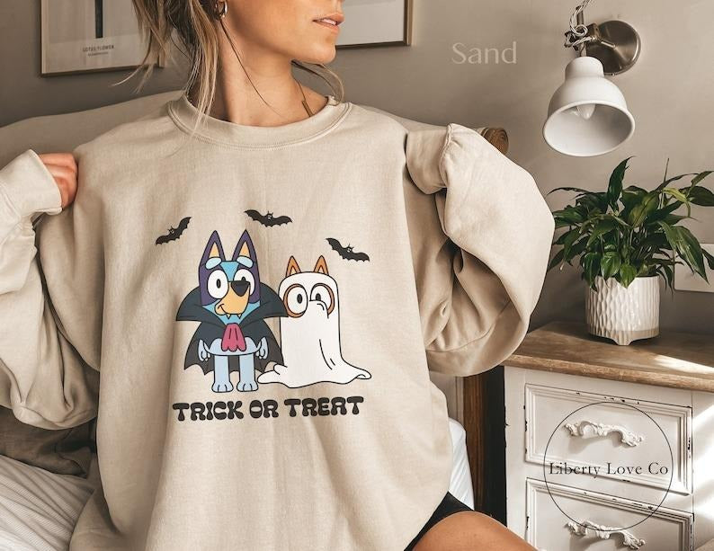 Bluey And Bingo, Halloween Shirt, Spooky Season Sweatshirt, Bluey Shirt, Halloween Sweatshirt, Trick or Treat, Halloween Gift For Her!