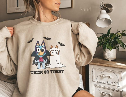 Bluey And Bingo, Halloween Shirt, Spooky Season Sweatshirt, Bluey Shirt, Halloween Sweatshirt, Trick or Treat, Halloween Gift For Her!