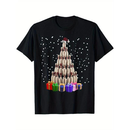 Bowling Christmas Tree Funny Xmas Matching Family Men T-Shirt, 100% Cotton, Gifts for Men Dad Husband Grandpa, S-XXXL, Black made in usa