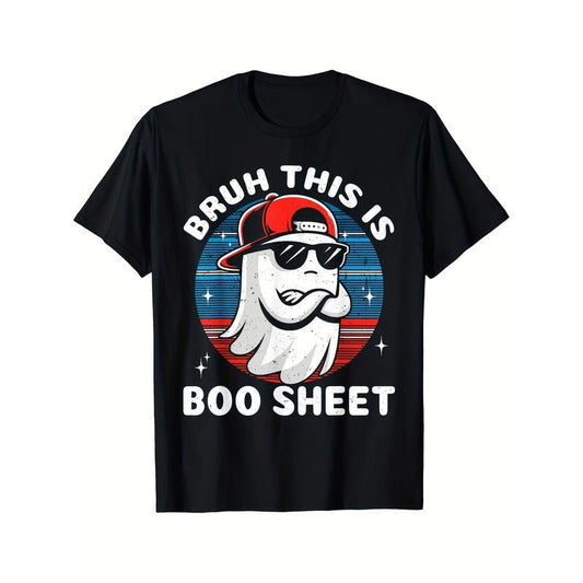 Bruh This Is Boo Sheet Graphic Ghost Retro Halloween Funny Printed T-shirt Comfortable Breathable, Soft, Casual Short Sleeve, Daily Wear, All Season, Black Men 220g made in usa