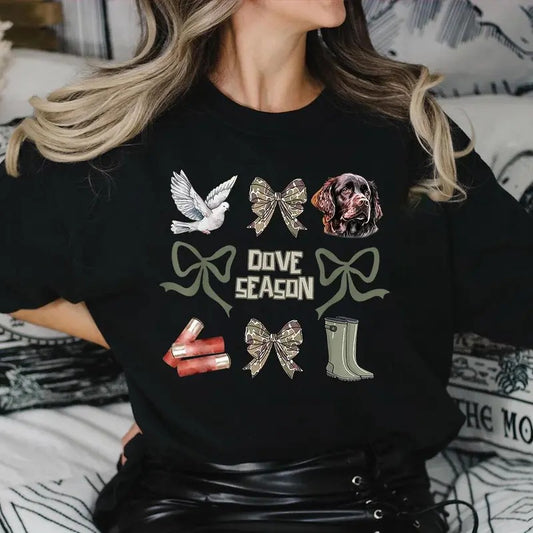 Camo Coquette Bow Sweater, Dove Season Sweatshirt, Girls Camo Bow Shirt, Hunting Camo Dude Coquette Bow Tee, Full Sizes, Full Colors, Cotton Round Neck Tee