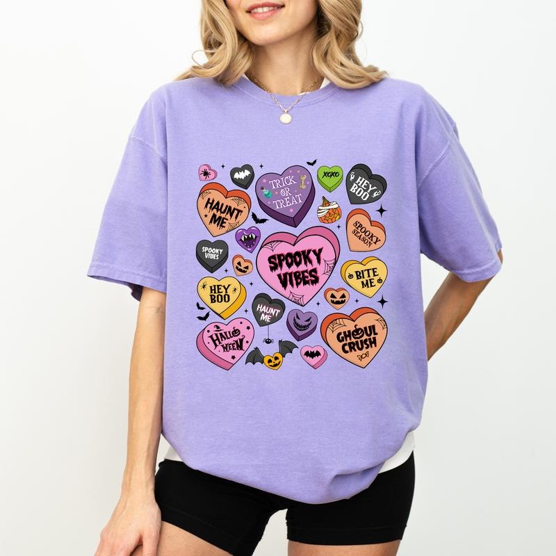Candy Hearts Halloween Tee, Halloween Candy T-shirt, Spooky Season Candy Hearts Unhinged Shirt, Funny Shirt For Women, Spooky Halloween Candies Tee, Comfy Fabric Graphic Tee, Women's Tops, Womenswear, Cotton Fabric Relaxed Fit Chic Style