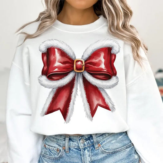 Christmas Coquette Bow Sweatshirt, Santa Bow Shirt, Christmas Perfect Gift, Soft Girl Era Shirt, Coquette shirt, Cotton Crew Neck Shirt, Full Sizes, Full Colors Women