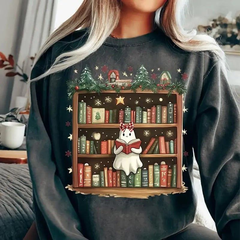 Christmas Ghost Book Sweatshirt, Ghost Book Nerd T-Shirt, Holiday Ghost Reading Book Shirt, Gift For Book Lovers