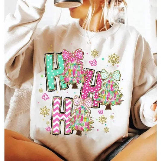 Colorful Coquette Glitter Christmas Tree Sweatshirt, Hoodie, T - Shirt, Ho Ho Ho Christmas Tree Girly, Bright Color Christmas Coquette Bow Dalmatian Dots