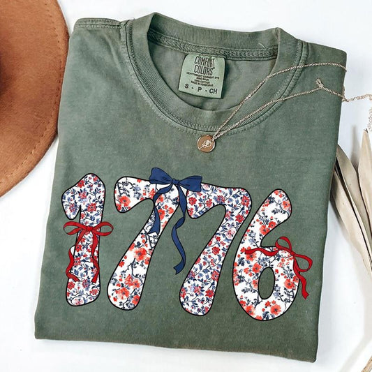 Comfort Colors Floral Coquette 1776 Shirt, Floral America Shirt, 4th of July Shirt, Memorial Day T-Shirt, Patriotic, Unisex T-Shirt