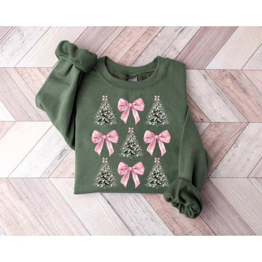 Coquette Bow Christmas Sweatshirt, Christmas Tree Shirt,  Christmas Sweatshirt, Girly Christmas Sweater, Coquette Bow Sweater