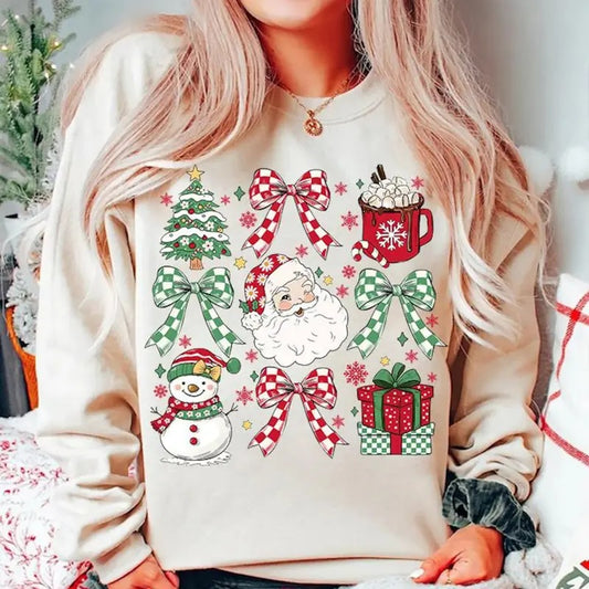Coquette Christmas Santa Sweatshirt, Santa Claus Christmas T-Shirt, Christmas Coquette Sweater, Santa Coquette Bow Checkered Shirt, Gift For Christmas