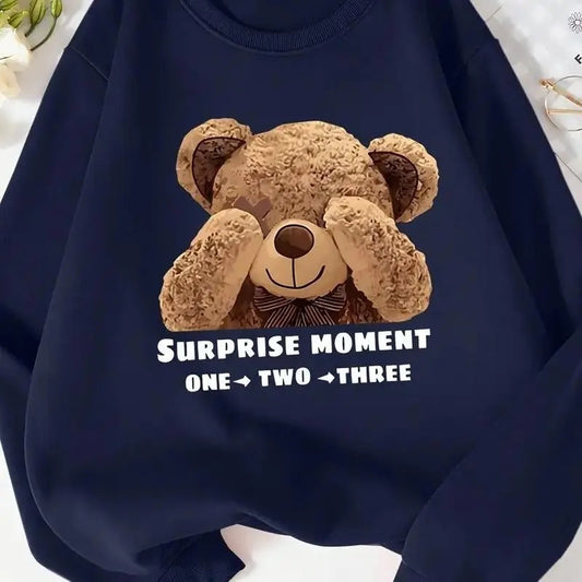 Cozy B.e.ar Print Crew Neck Pullover Sweater, Surprise Moment One Two Three Sweatshirt