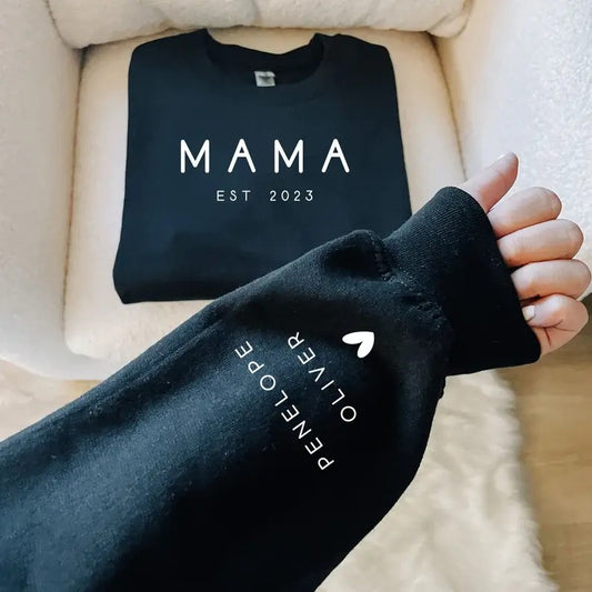 Custom Mama Sweatshirt with Date and Children Name on Sleeve Sweatshirt, Hoodie, T-Shirt