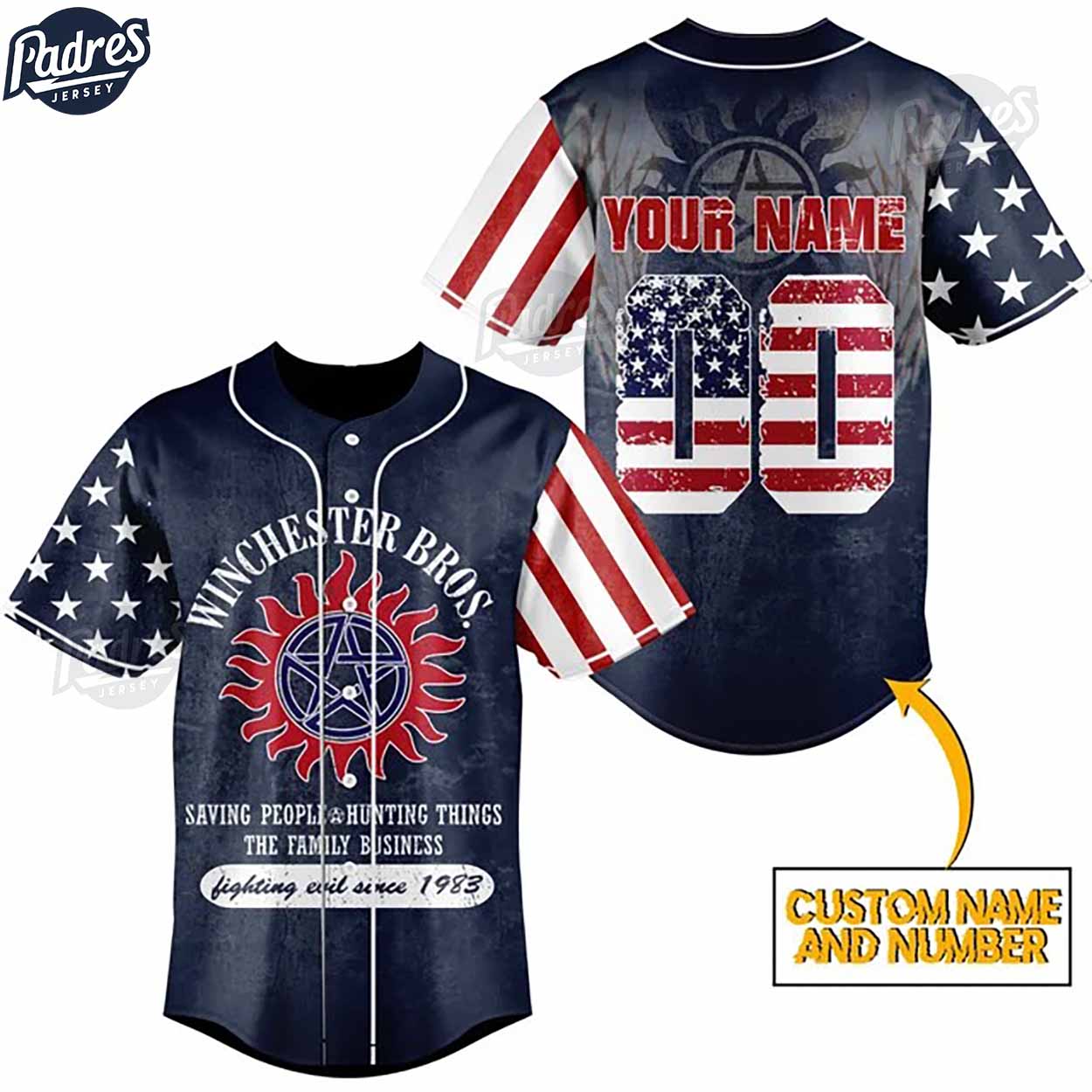 Custom Supernatural Winchester Brothers American Flag Baseball Jersey - Padres Jersey Oasis: Elevate Your Baseball Style Game