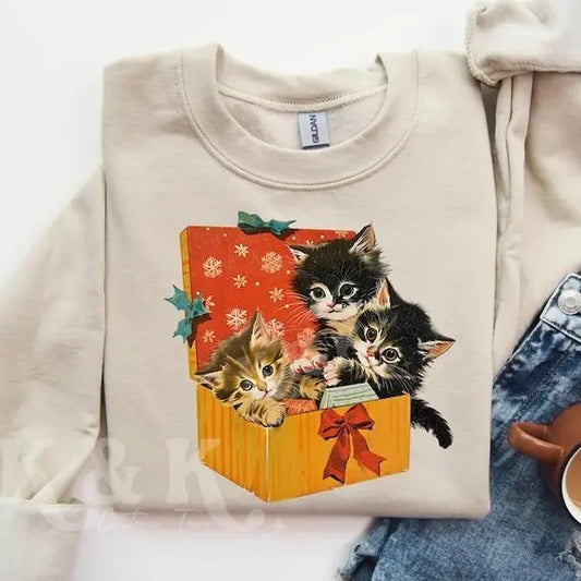 Cute Cat Christmas Sweater, Vintage 90s Cat Christmas Sweater, Retro Christmas Gift, Funny Cat Christmas Sweatshirt, Cat Lover Gift