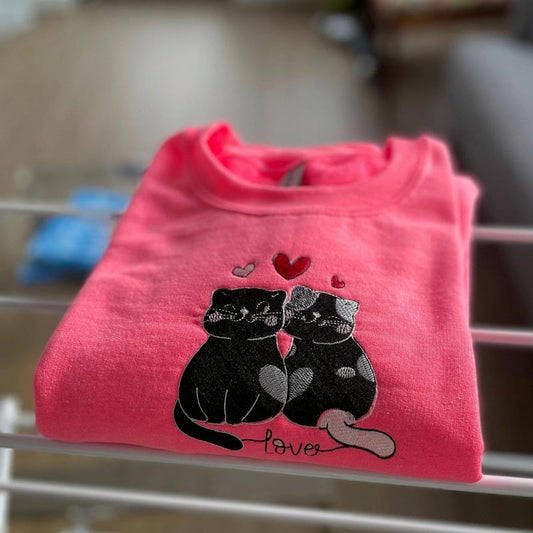 Cute Cat Embroidered Crewneck Sweatshirt, Cat Lovers Pullover Long sleeve Womenswear