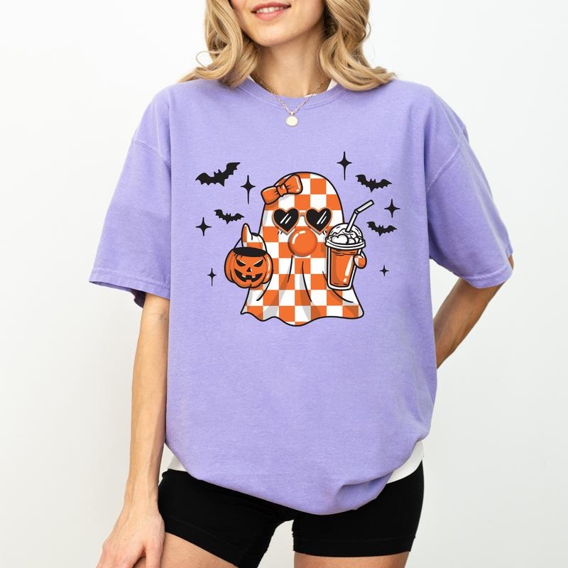 Cute Ghost Blowing Bubble Comfort Colors Shirt, Cute Ghost Graphic Tee, Spooky Vibes Unhinged Shirt, Funny Women T-shirt, Halloween Party Tee, Halloween Checkered Ghost Tee, Comfy Fabric Graphic Tee, Womenswear, Cotton Fabric Relaxed Fit Chic Style