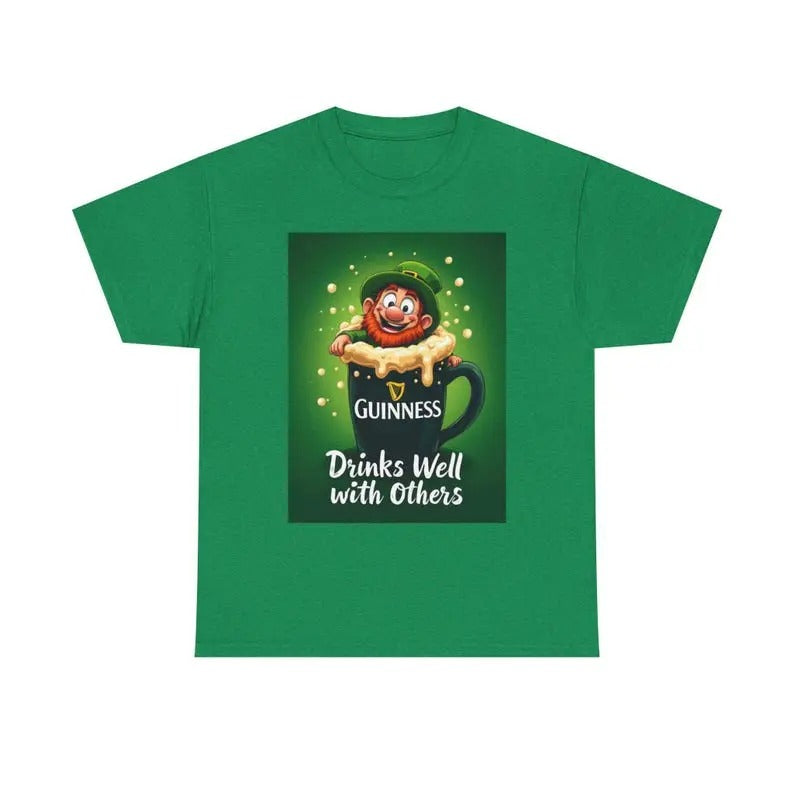 Drinks Well With Others Drunk Leprechaun Crawling Out of Guinness Beer Pint St. Patrick's Day Irish Ireland Funny Shamrocks Drinking T-Shirt