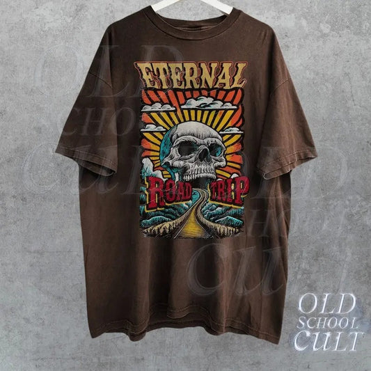 Eternal Road Trip Retro T-Shirt, Vintage 90s Skull Graphic Shirt, Washed Relaxed Shirt, Retro Unisex Graphic Shirts, Road Trip Shirts
