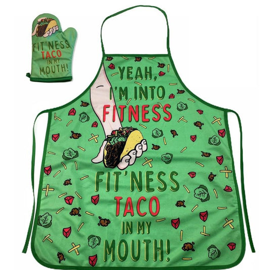 Fitness Taco Funny Kitchen Apron and Oven Mitts Humorous Gym Graphic Novelty Cooking Accessories Funny Graphic Kitchenwear Cinco De Mayo  Funny Food  Novelty Cookware Green