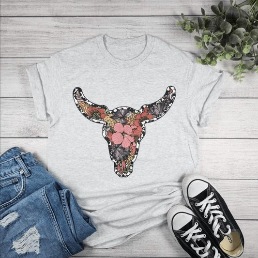 Flower Cow Skull Graphic Tee