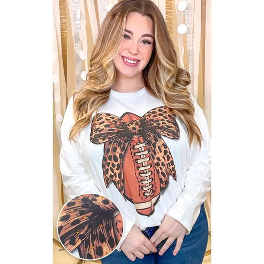 Football Cheetah Bow Rhinestone Graphic Long Sleeve Shirt