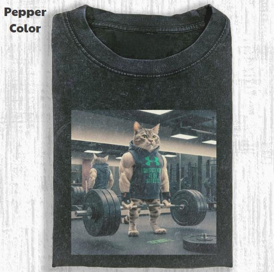 Funny Animal Vintage Graphic Tee, Gym Cat T-Shirt, Animal Shirt, Unisex Meme Cringe Funny Shirt, Menswear Womenswear Streetwear Cotton Comfort
