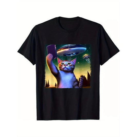Funny Cat Selfie With UFO Printed Men's Cotton T-shirt made in usa