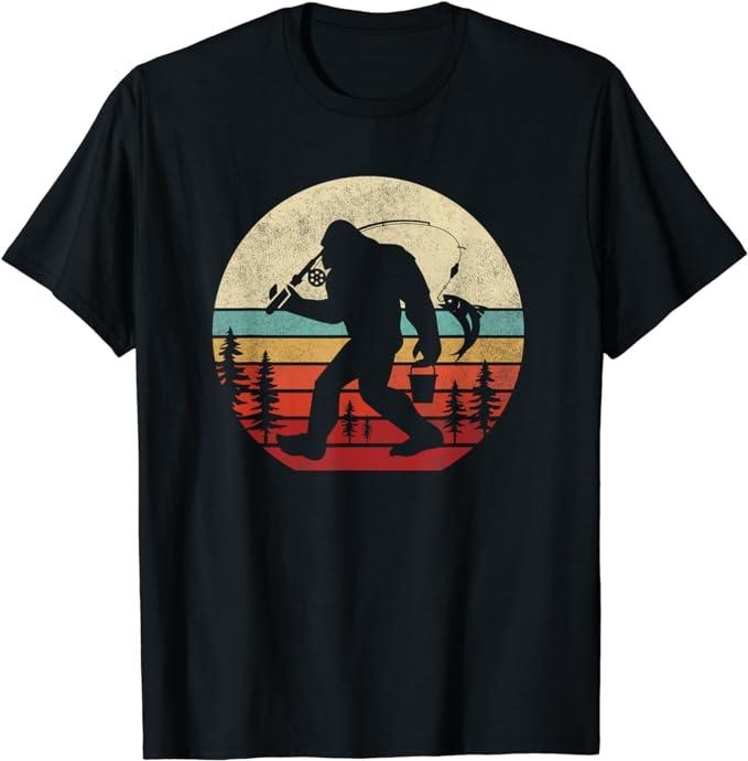 Funny Fishing Shirts, Bigfoot Fishing Shirt Funny Retro Sasquatch Dad Men T-Shirt Cotton Fashion Casual Classic