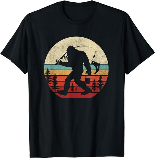 Funny Fishing Shirts, Bigfoot Fishing Shirt Funny Retro Sasquatch Dad Men T-Shirt Cotton Fashion Casual Classic