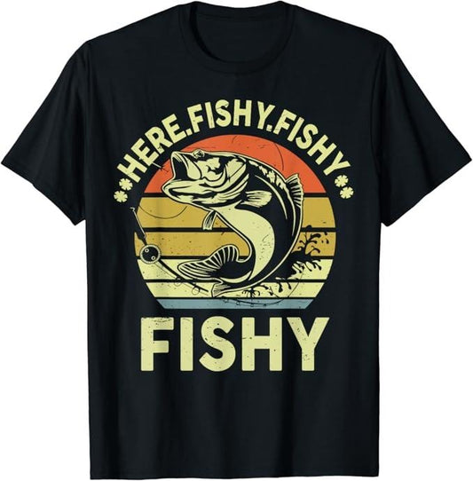 Funny Fishing Shirts, Here Fishy Bass Fishing T-Shirt Cotton Fashion Casual Classic