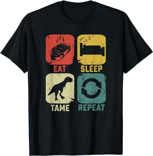 Funny Gamer Shirts, Special Gifts For Gamers, Eat Sleep Tame Repeat Dinosaur Gaming Geek Funny Gamer T-Shirt Menswear Top Casual Classic