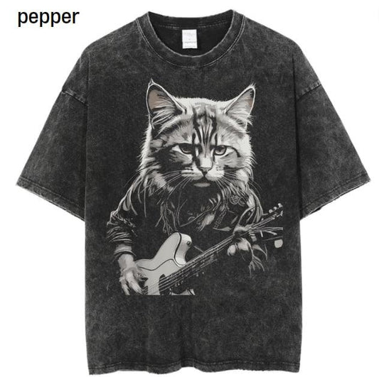 Funny Guitar Cat - Rock Cat Playing Guitar Music cute cat T-Shirt, Rock Cat Playing Guitar Vintage Shirt, Retro Funny Guitar Cat T-Shirt, Cat Lovers, Rock Lovers Gift, Funny Gift Shortsleeve